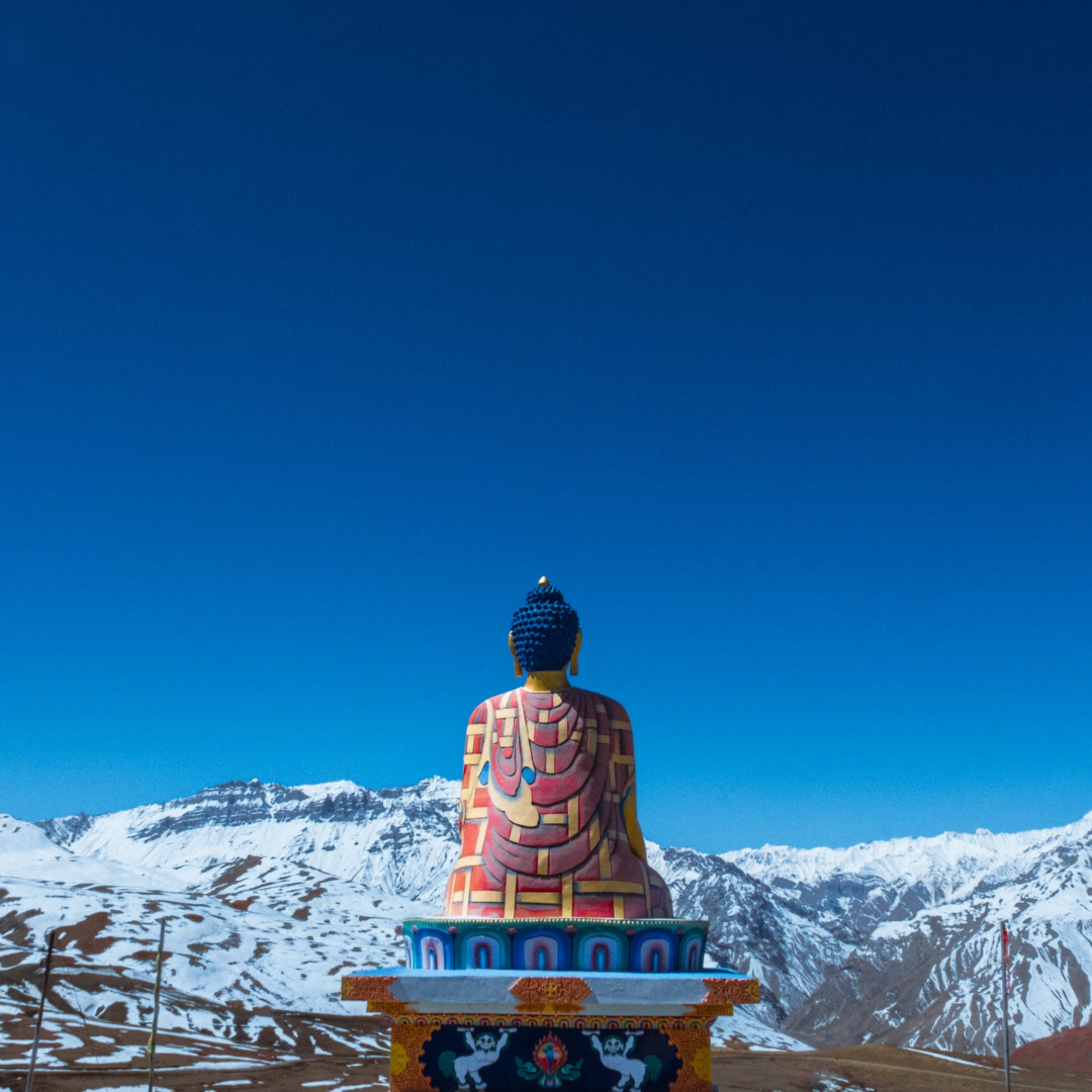 Langza village and its giant Buddha statue, with the vast Spiti Valley stretching below